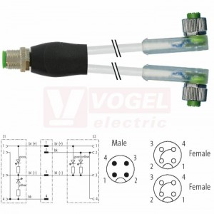 7000-40801-2130100 rozbočovací Y konektor M12/4-pin/vidl/přímý - kabel ŠE PVC 3x0,34mm2 L=1m - 2x  konektor M12/4-pin/2xLED/zás/úhlový