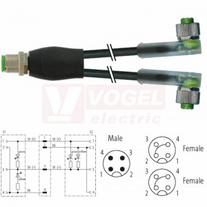 7000-40801-6130030 rozbočovací Y konektor M12/4-pin/vidl/přímý - kabel ČE PVC 3x0,34mm2 L=0,3m - 2x  konektor M12/4-pin/2xLED/zás/úhlový