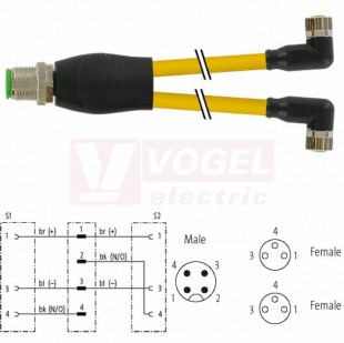 7000-40841-0100060 rozbočovací Y konektor M12/4-pin/vidl/přímý - kabel ŽL PVC 3x0,25mm2 L=0,6m - 2x konektor M8/3-pin/zás/úhlový