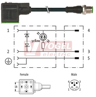 7000-40881-6360100 konektor ventilový forma A 18mm/ LED ŽL+ochr.dioda - kabel PUR-JB 3x0,75mm2 ČE L=1m- konektor M12/3pin/vidlice/přímý