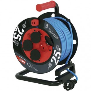 Počasí odolný prodluž. kabel na bubnu 25m/4Z EMOS PVC  AT-N05V3V3-F 3G1,5mm2, IP44, BL, 230V/16A, 1100W navinutý/3680W rozvinutý, tep.pojistka, zásuvky CZ kolík  (P08525W)