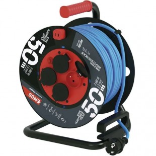 Počasí odolný prodluž. kabel na bubnu 50m/4Z EMOS PVC  AT-N05V3V3-F 3G1,5mm2, IP44, BL, 230V/16A, 1100W navinutý/3680W rozvinutý, tep.pojistka, zásuvky CZ kolík (P08550W)