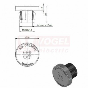 KEL-DPZ-CLICK 25/4 nacvakávací membránová průchodka, šedá RAL7035, vnější pr. 39mm, inst.výška 8mm, závit M25x1,5, délka závitu 20mm, pro pr.kabelů 4x 3,2-5,2mm (44051)