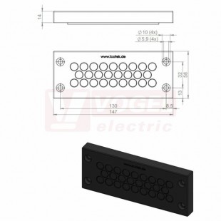 KEL-DPZ-24/26 CR bk membránová průchodka, černá RAL9001, délka 147mm, šířka 58mm, výška 14mm, velikost výřezu 112x36mm, pr.otvorů pro šrouby 5,9mm, pr.kabelů 26x 5-10,2mm (ISO 14644-1) (50711.601)