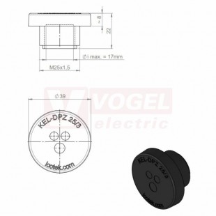 KEL-DPZ 25/3 CR bk membránová průchodka, kulatá, černá RAL9001, výška 22mm, vnější průměr 39mm, instalační výška 8mm, vel.kulatého výřezu 25,3mm, závit M25x1,5mm, délka závitu 14mm, pr.kabelů 2x 3,2-5,2mm, 1x 3,2-6,5mm (ISO 14644-1) (50736.601)