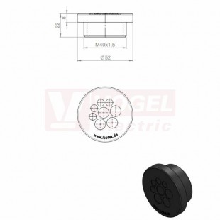 KEL-DPZ 40/8 CR (S)VOC bk membránová průchodka, kulatá, černá RAL9001, výška 22mm, vnější průměr 52mm, instalační výška 8mm, vel.kulatého výřezu 40,4mm, závit M40x1,5mm, délka závitu 14mm, pr.kabelu 4x 3,2-6,5mm, 4x 5-10,2mm (50741.600)