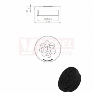 KEL-DPZ 50/8 CR bk membránová průchodka, kulatá, černá RAL9001, výška 22mm, vnější průměr 62mm, instalační výška 8mm, závit M50x1,5mm, délka závitu 14mm, pr.kabelu 5x 5-10,2mm, 3x7,2-12,5mm (ISO 14644-1) (50750.601)