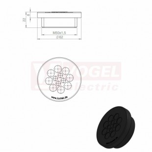 KEL-DPZ 50/12 CR (S)VOC bk membránová průchodka, kulatá, černá RAL9001, výška 22mm, vnější pr.62mm, istalační výška 8mm, vel.kulatého výřezu 50,4mm, závit M50x1,5mm, délka závitu 14mm, pr.kabelů 4x 3,2-6,5mm (50752.600)