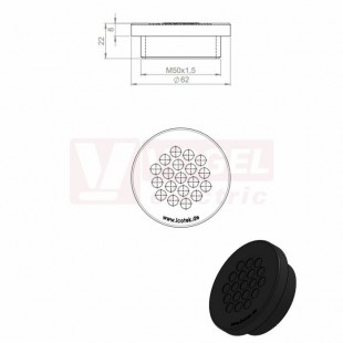 KEL-DPZ 50/19 bk membránová průchodka, kulatá, černá RAL9001, výška 22mm, vnější pr.62mm, istalační výška 8mm, vel.kulatého výřezu 50,4mm, závit M50x1,5mm, délka závitu 14mm, pr.kabelů 19x 3,2-6,5mm (50758.600)