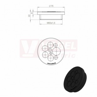 KEL-DPZ 63/9 CR (S)VOC bk membránová průchodka, kulatá, černá RAL9001, výška 22mm, vnější pr.75mm, istalační výška 8mm, vel.kulatého výřezu 63,4mm, M63x1,5mm, délka závitu 14mm, pr.kabelů  1x 3,2-6,5mm, 3x 5-10,2mm, 4x 9-16,2mm, 1x 16-22mm (50760.600)