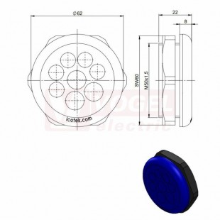 KEL-DPZ-HD 50/8 CR (S)VOC membránová průchodka, kulatá, modrá RAL5005, výška 22mm, vnější pr.62mm, drsnost povrchu (ISO 4287) R= 0,421ɥm, inst.výška 8mm, výřez 50,4mm, závit M50x1,5mm, délka závitu 14mm, pr.kabelů 5x 5-10,2mm, 3x 7,2-12,5mm (70355.600)