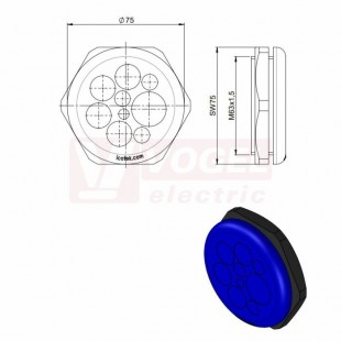 KEL-DPZ-HD 63/9 CR membránová průchodka, kulatá, modrá RAL5005, výška 22mm, vnější pr.75mm, inst.v. 8mm, výřez 63,4mm, závit M63x1,5mm, dl.závitu 14mm, pr.kabel. 1x3,2-6,5, 3x5-10,2, 4x9-16,2, 1x16-22mm (ISO 14644-1) (70359.601)