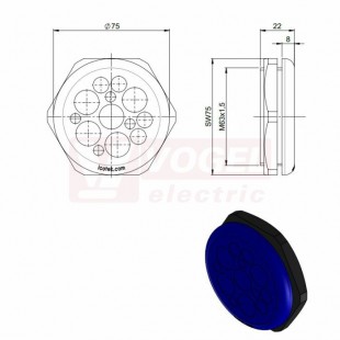 KEL-DPZ-HD 63/13 CR membránová průchodka, kulatá, modrá RAL5005, výška 22mm, vnější pr.75mm, inst.v. 8mm, výřez 63,4mm, závit M63x1,5mm, dl.závitu 14mm, pr.kabelů 4x 3,2-6,5mm, 4x 5-10,2mm, 5x 9-16,2mm (ISO 14644-1) (70360.601)