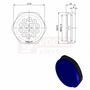 KEL-DPZ-HD 63/14 CR membránová průchodka, kulatá, modrá RAL5005, výška 22mm, vnější pr.75mm, drsnost (ISO 4287) R=0,421ɥm, inst.v. 8mm, výřez 63,4mm, závit M63x1,5mm, dl.závitu 14mm, pr.kabelů 14x 5-10,2mm (ISO 14644-1) (70361.601)