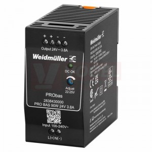 Zdroj spínaný 1f 24VDC  3,8A (PRO BAS 90W 24V 3,8A) 85-264VAC, 110-370VDC, výstup reg.22-25V, rozměr švh 47x90x85mm (2838430000)