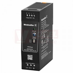 Zdroj spínaný 1f 24VDC  5,0A (PRO BAS 120W 24V 5A) 85-264VAC, 110-370VDC, výstup reg. 22-28V, rozměr švh 40x130x100mm (2838440000)