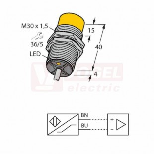 NI15-G30-Y2X 7M snímač indukční , M30x1,5, mosaz, Sn=15mm, nestíněný, 8,2VDC, 2-drát, kabel 7m, délka těla 44mm, IP67