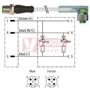 7000-40321-2332000 konektor M12/3-pin/vidl/přímý - kabel ŠE PUR do vlečného řetězu 3x0,34mm2 L=20,0m - konektor M12/3-pin/2xLED/zás/úhlový