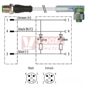 7000-40321-2332000 konektor M12/3-pin/vidl/přímý - kabel ŠE PUR do vlečného řetězu 3x0,34mm2 L=20,0m - konektor M12/3-pin/2xLED/zás/úhlový