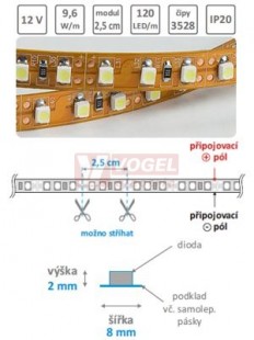 LED pásek modrý   IP20, 12VDC, 9,6W/m (modul=2,5cm=3xSMD LED 3528), nevodotěsný, š=8/v=2mm, hnědé pozadí, 3M lep.páska