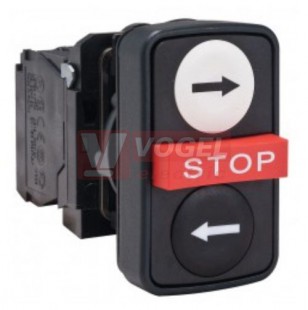 XB5AA711237  Ovladač stiskací třítlačítkový s návratem, BÍ/ČE symboly "šipky" lícuj.,RU "STOP" s přesahem, kontakty 1Z+1V+1Z