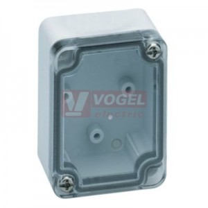 PC 75-4-to Plastová krabice TK 65x50x35mm, víko průhl., bez předlisů, IP66, RAL7035, polykarbonát