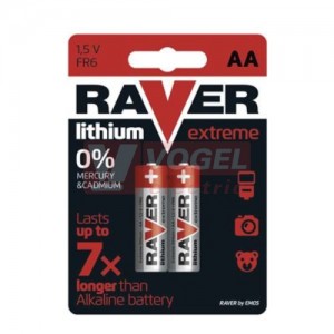 Baterie  1,50 V LR6 tužková lithiová, AA, RAVER blistr/2ks