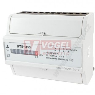 Elektroměr DTS 353-M 60A, přímé měření 3f//3x230/400V+N, 10-60A, tp.1%, MECH, š=7 mod., IP20, montáž na DIN lištu, vodič max.25mm2