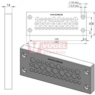 KEL-DPZ 24/32 membránová průchodka, šedá, IP66, vnější 147x58x14mm, výřez 112x36mm, vstupy kabelů 21x3,2-6,5mm, 8x5-10,2mm, 3x7,5-12mm (43730)