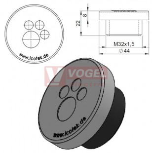 KEL-DPZ 32/4 kulatá membránová průchodka s maticí, šedá, IP68, vnější pr.44mm, výška 8mm, výřez závit M32x1,5, vstup kabelů 3x3,2-6,5mm, 1x7,2-12,5mm (43732)