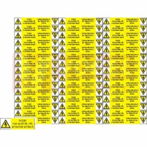 Samolepka výstrahy "Pozor pod napětím i při vypnutém vypínači !" (černý tisk, žlutý podklad), symbol s textem 5x1,6 cm (1arch=90 kusů) (122A)