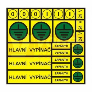 Samolepka bezpečnostní "Hl.vypínač, vypnuto, zapnuto, 24V, znak uzemnění se zeleným podtiskem" (černý tisk, žlutý podklad), 15x15cm (1arch) (DT001)