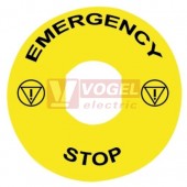 ZBY9330T Štítek kruhový (EN), pr. 60mm, žlutý, 2x symbol nouzového zastavení, nápis "EMERGENCY STOP", pro ochranný kryt ZBZ3605