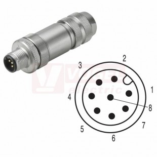 SAISGS-M-8A-6/8-M12 (st.zn. SAISM-8/9S-M12) konektor M12/8pin/vidl/přímý, kov.tělo, stíněné A-kódování, šroubové připojení, pro montáž 0,14-0,5mm2, sevření 6-8mm, IP67 (1258940000)