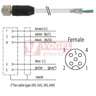 7000-13221-6430150 konektor M12/5-pin/zás/přímý - kabel ČE PUR 5x0,34mm2 stíněný L=1,5m - volný konec