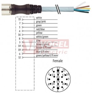 7000-23211-4481500 konektor M23/19-pin/zás/přímý - kabel PUR šedý 8x0,5/3x1,00mm2 L=15m - volný konec