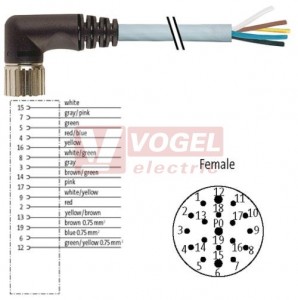 7000-23331-3881500 konektor M23/19-pin/zás/úhlový - kabel PUR/PVC 12x0,34/3x0,75mm2 ŠE L=15m - volný konec