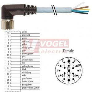 7000-23351-3981500 konektor M23/19-pin/zás/úhlový - kabel PUR/PVC 16x0,34/3x0,75mm2 ŠE L=15m - volný konec