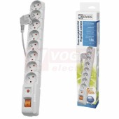 Prodlužovák  8 zás.  1,5m s vyp. (P53898) šedý 250V/10A, H05VV-F 3x1,0mm2, s přepěťovou ochranou, LED indikátor, ochrany (EMI/RFI filtr), max. zátěž 2300W, rozměr 445x54x55mm