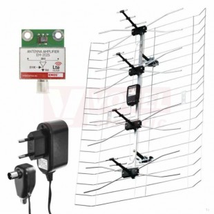 Venkovní anténa EMOS EM-025, sada antény, předzesilovače a napájecího zdroje, signál DAB/DVB-T/T2, FullHD, př.úhel 30/40°, LTE filtr, F konektor, napájení 12V/100mA, 170-790MHz, 75Ohm, rozměr 178x560x780mm (J0665)