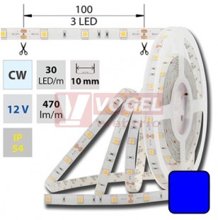 LED pásek SMD5050 modrá barva, DC12V, IP54, 10mm,bílá PCB pásek, 30 LED/m (121.583.60.0)