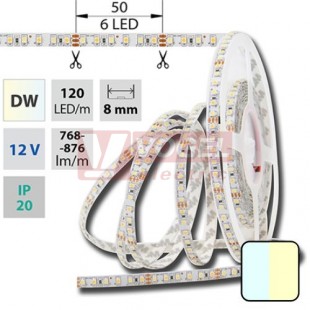LED pásek SMD3528 bílá a teplá bílá 3000-6000K, DC12V, IP20, 8mm, bílá PCB pásek, 120 LED/m, 9,6W/m (122.630.60.0)