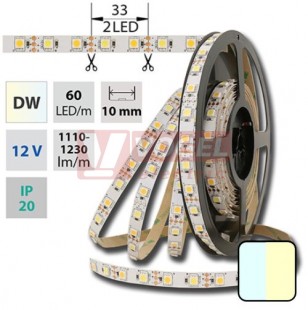 LED pásek SMD5050 bílá a teplá bílá, DC12V, IP20, 10mm, bílá PCB pásek, 60 LED/m (122.631.60.0)