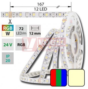 LED pásek SMD5050 RGB a bílá, DC24V, IP20, 12mm, bílá PCB pásek, 72 LED/metr (128.632.60.0)