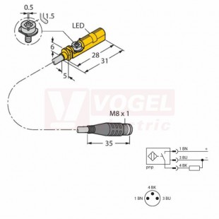 BIM-UNT-AP7X-0,3-PSG3S snímač magnetický do drážky, PNP/NO, 10-30VDC, rozměr 28x5x6mm, kabel s konektorem 3m, IP68 (4685742)