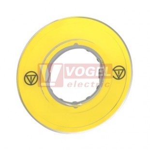 ZBY9121 Štítek kruhový 3D, pr. 60mm, žlutý, 2x symbol nouzového zastavení, bez nápisu, pro hlavice otvor 22mm