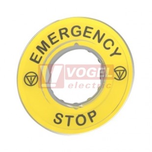 ZBY9320 Štítek kruhový 3D (EN), pr. 60mm, žlutý, 2x symbol nouzového zastavení, nápis "EMERGENCY STOP", pro hlavice otvor 22mm