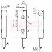 IQ08-02BPSKW2S Indukční snímač kvádr 8x40x8mm, 10-30VDC, Sn=2mm, PNP/NO, stíněný, spínací frekvence 2000Hz, 3-vodiče, kabel PVC 2m, plast, IP67/68 (1055490)