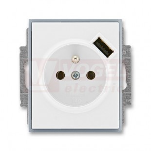 5569E-A02357 04 Zásuvka jednonásobná s kolíkem, s clonkami, s USB nabíjením; bílá/ledová šedá - Element