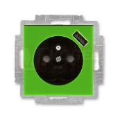 5569H-A02357 67 Zásuvka jednonásobná s kolíkem, s clonkami, s USB nabíjením; zelená/kouř. černá - Levit, Levit M